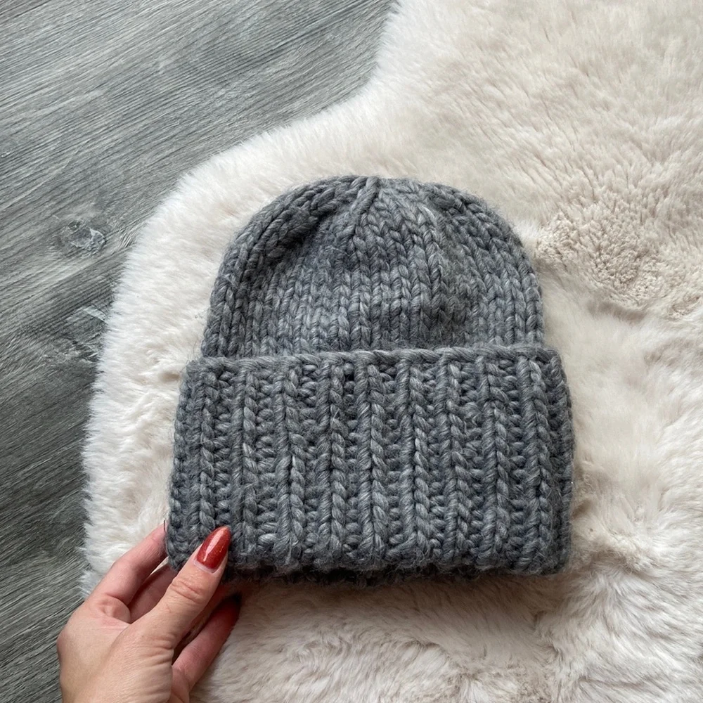 Grey beanie chunky braided knit wide fold over winter hat accessories OSFM